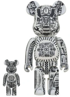 400% & 100% Bearbrick Set - H.R. Giger (White Chrome)